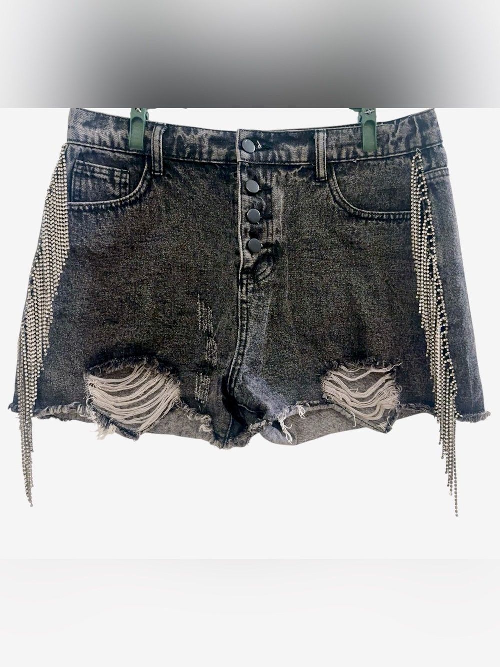 North End Black Denim Shorts M Rhinestone Fringes Frayed Hem Glamour Bling y2k